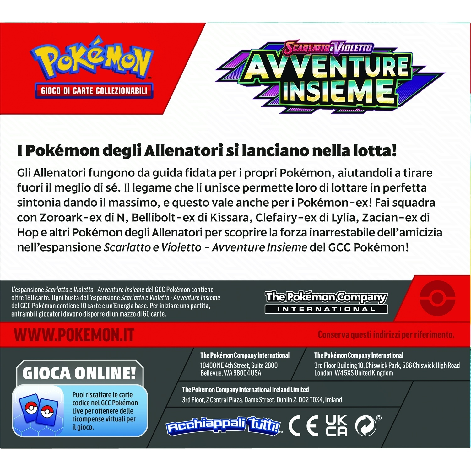 La copertina di una scatola di gioco di carte Pokémon. Il logo e il testo sono su sfondo bianco.