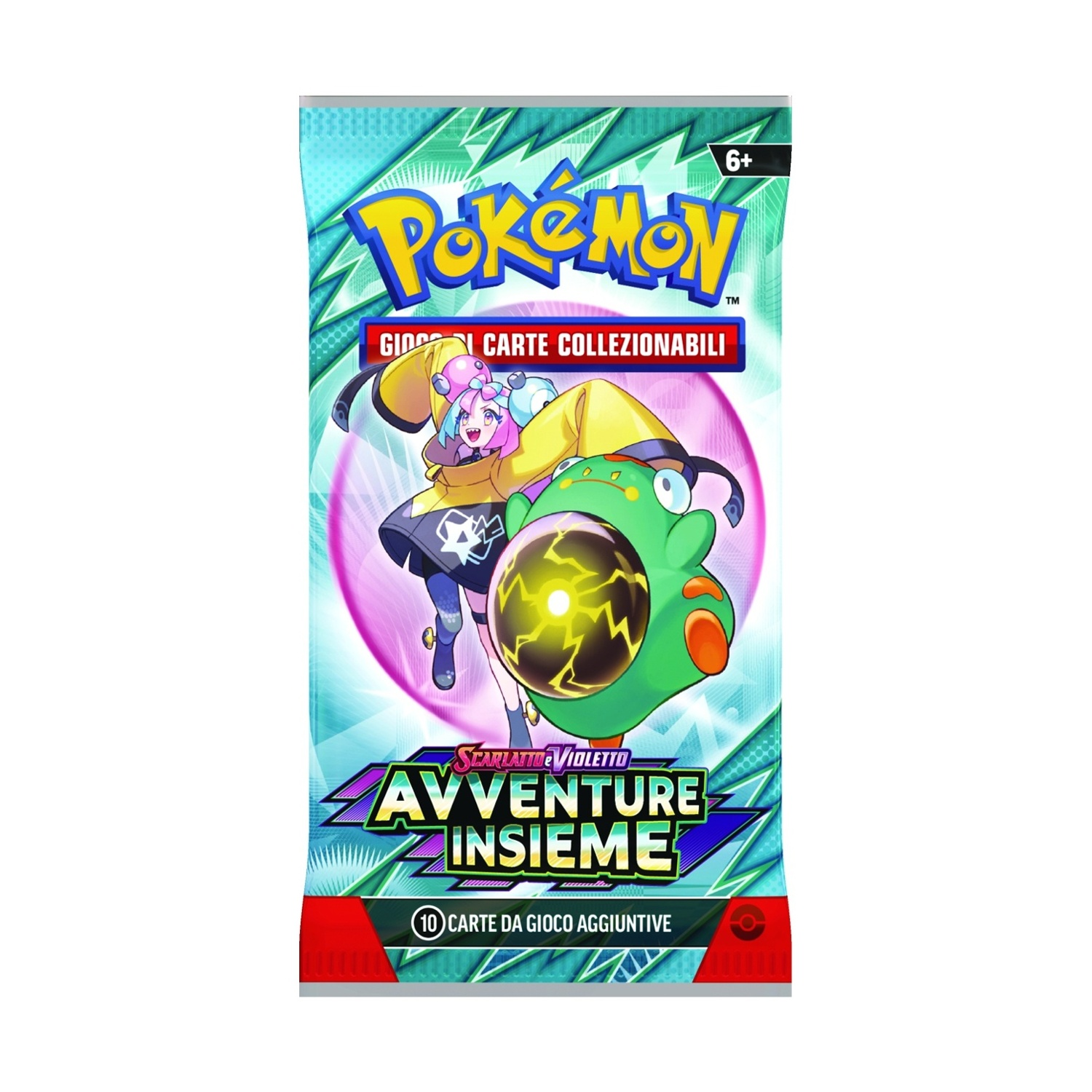 Pacchetto di carte Pokémon con personaggi colorati.