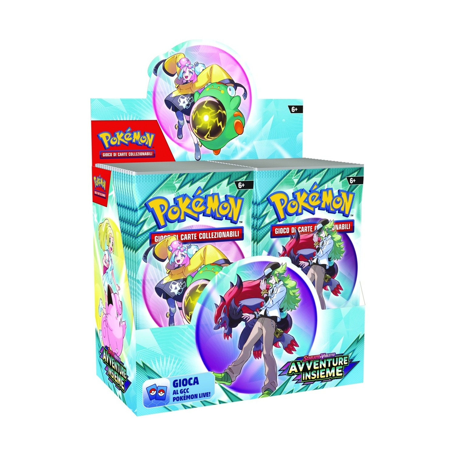 Scatola espositiva di carte Pokémon con varie immagini di personaggi e testo.