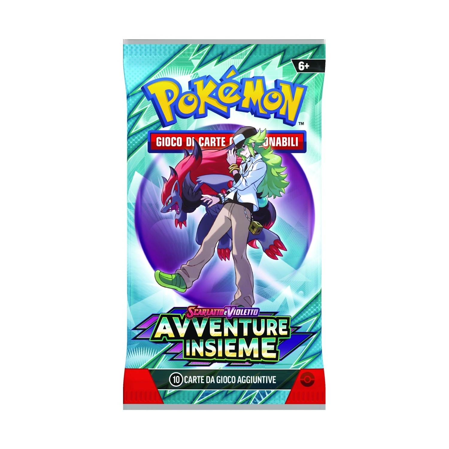 Un pacchetto di carte Pokémon con un personaggio. Ha testo in italiano e l'etichetta di età 6+.