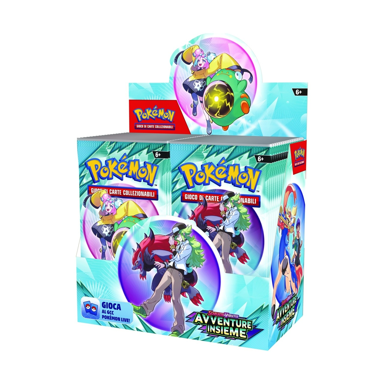 Scatola espositiva di carte Pokemon con più pacchetti, con illustrazioni colorate.