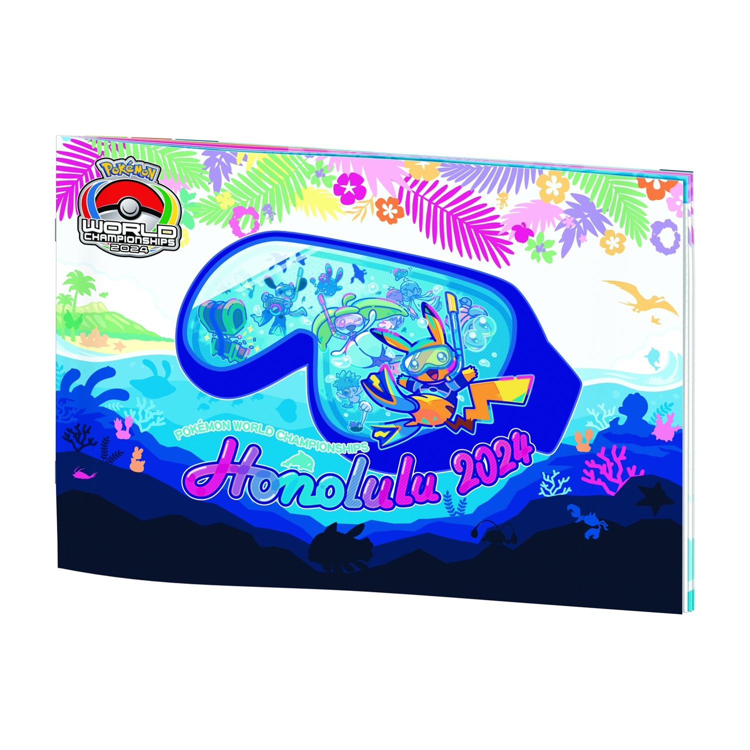 Scatola dei Campionati Mondiali Pokémon 2024. Personaggi dei cartoni animati che fanno snorkeling. Testo Honolulu 2024.