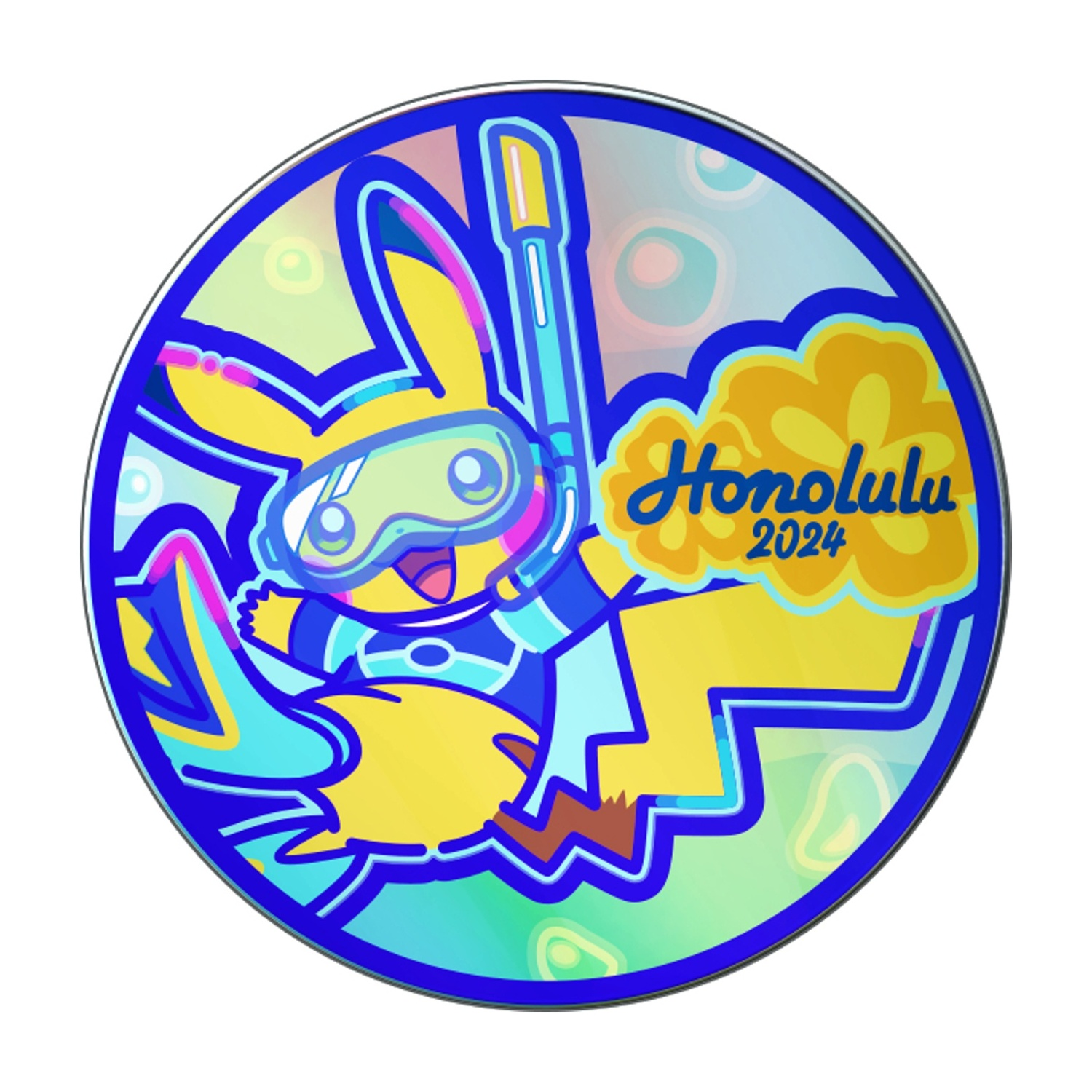 Pikachu con attrezzatura da snorkeling su una moneta commemorativa di Honolulu 2024, design blu e giallo.
