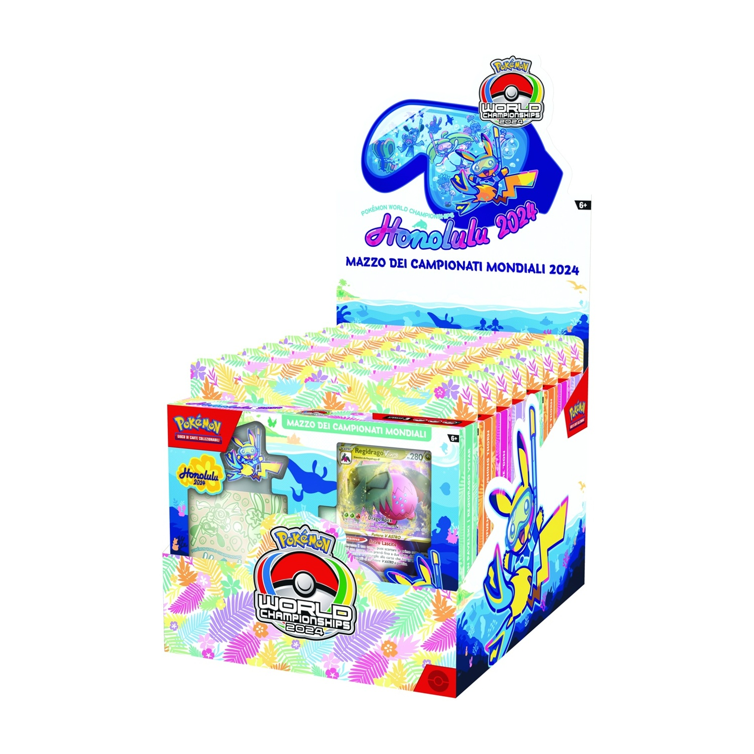 Espositore con carte Pokémon, tema Honolulu 2024. Caratteristiche Pikachu e una carta.