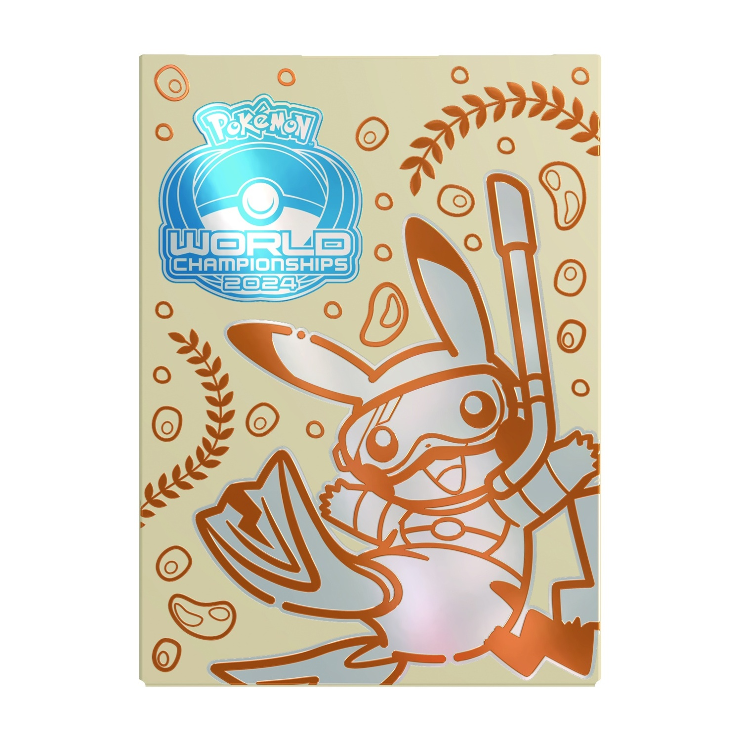 Carta con Pikachu con attrezzatura da sub per i Campionati Mondiali Pokémon 2024. Logo blu, dettagli arancioni su sfondo crema.