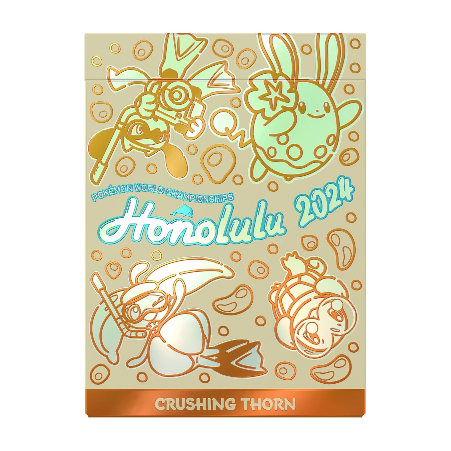 Artwork con personaggi Pokémon, logo Honolulu 2024 e testo "Crushing Thorn".