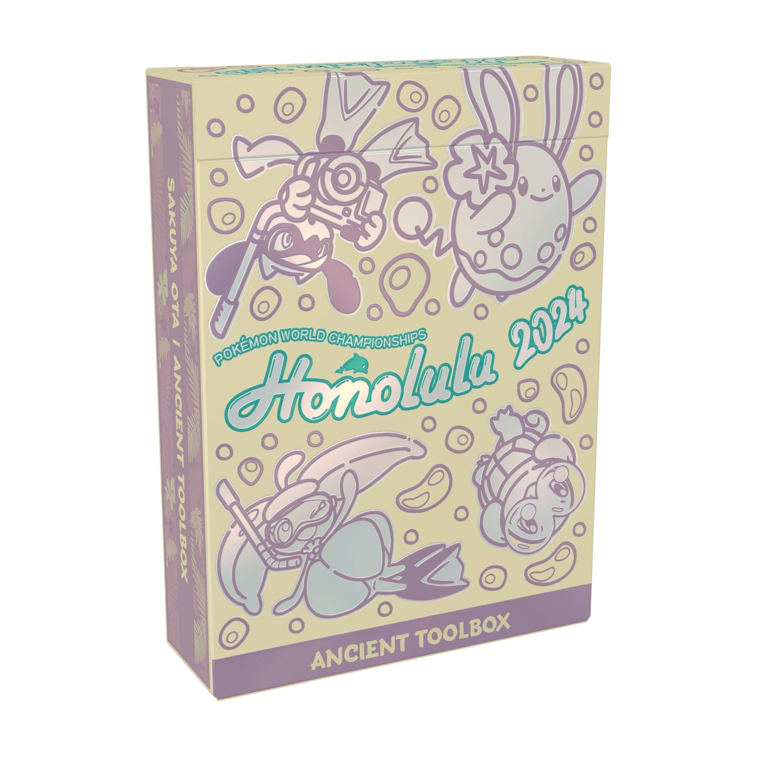 Una scatola di carte con personaggi dei cartoni animati. La scatola riporta la scritta 'Pokémon World Championships Honolulu 2024'.