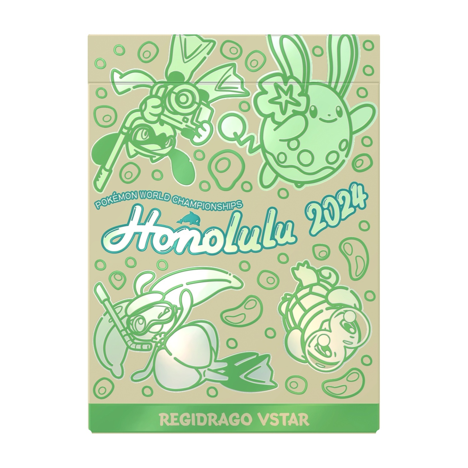 Un portamazzo di carte Pokémon verde chiaro con personaggi Pokémon illustrati e le parole 'Honolulu 2024'.