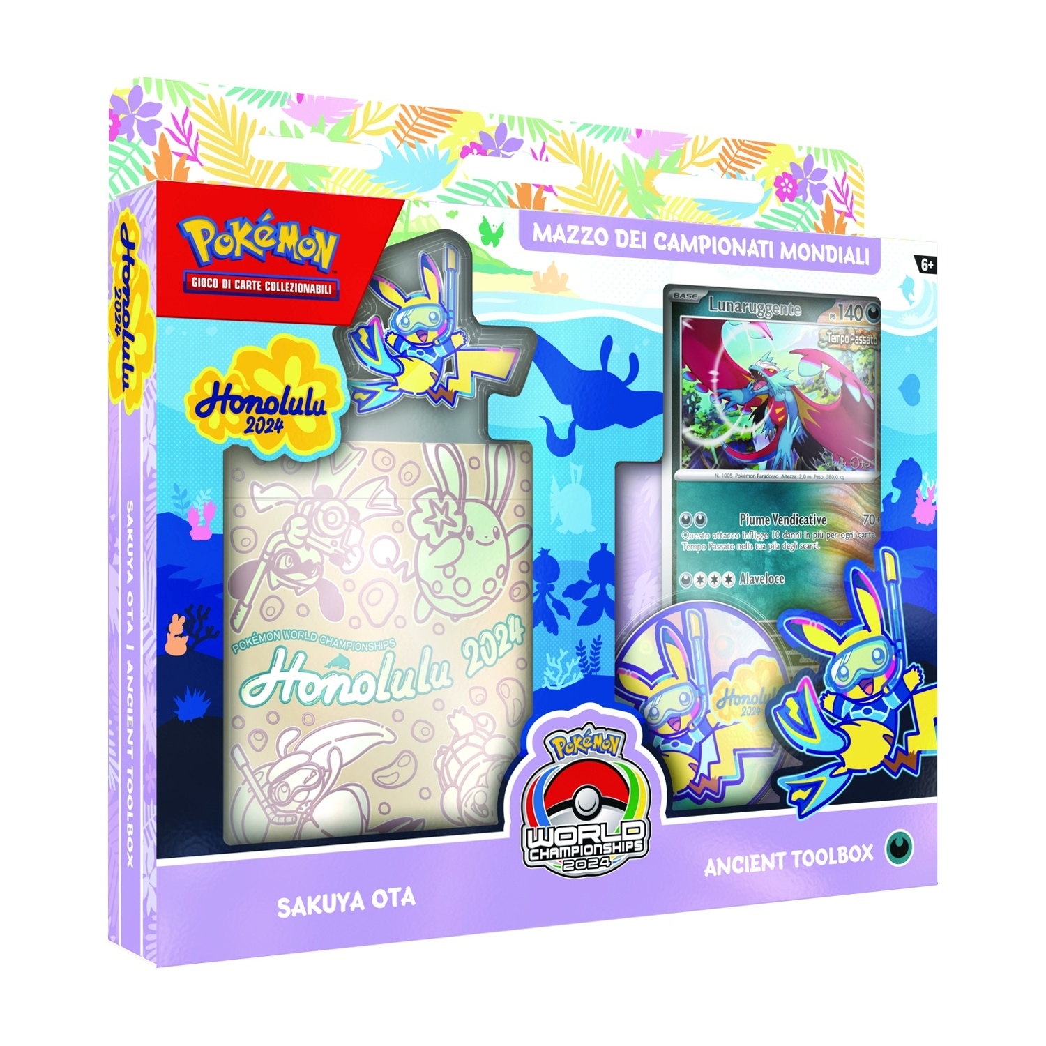 Una scatola di carte Pokémon con vari oggetti, tra cui un portamazzo, carte e una moneta, con un tema colorato.