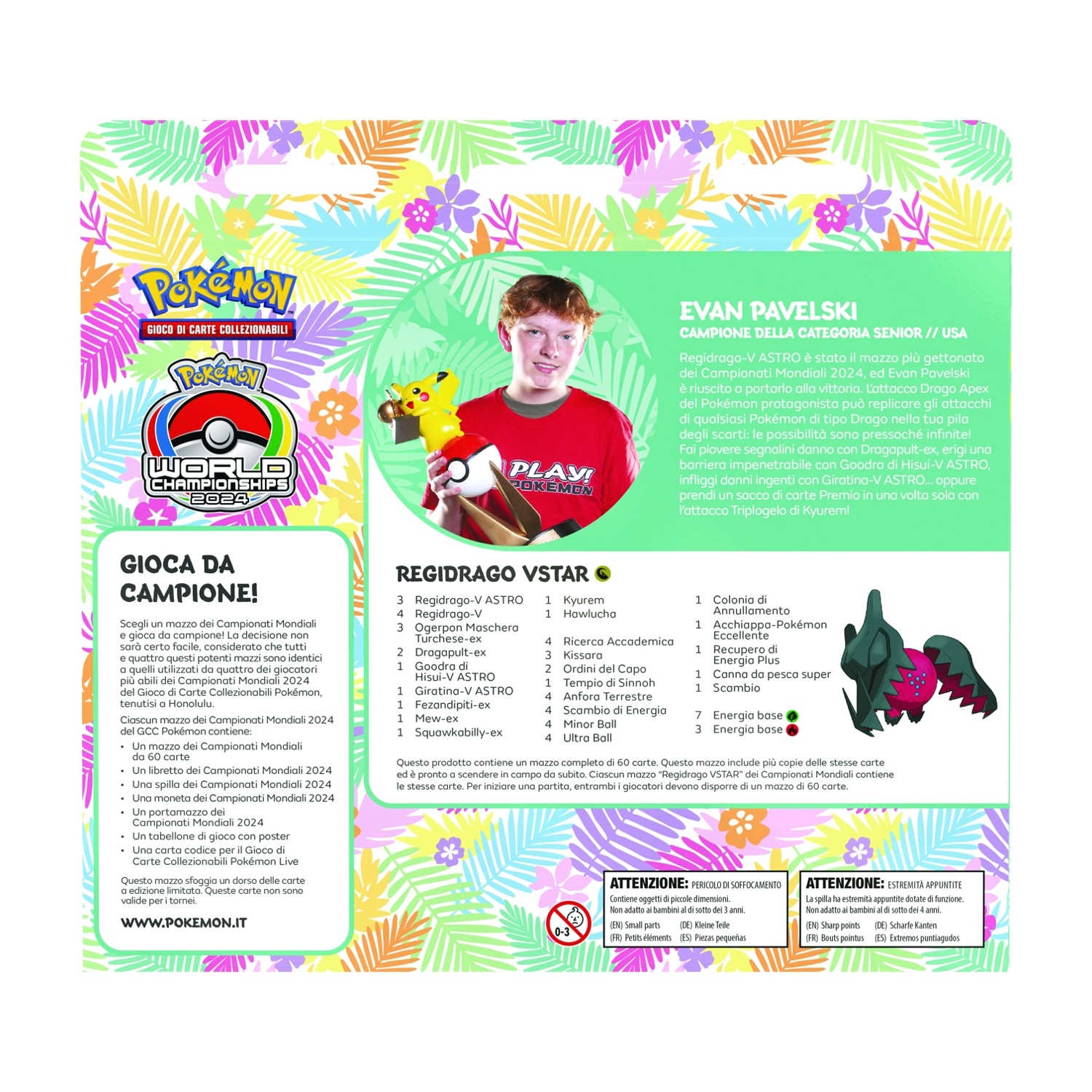 Un foglio promozionale con testo e immagini relative ai Campionati Mondiali Pokémon 2024, con carte e una foto.