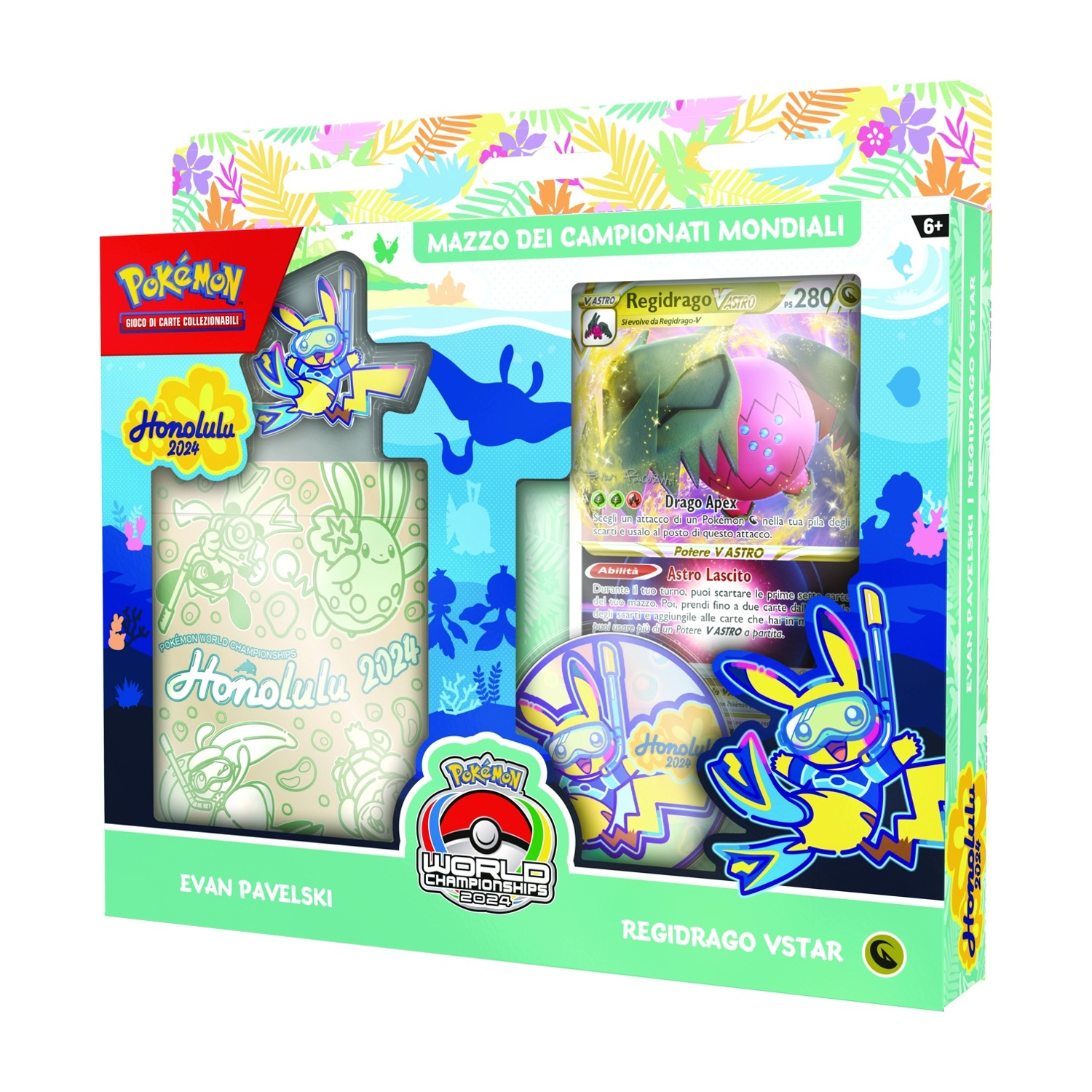Set scatola Campionato Mondiale Pokémon 2024. Include carte collezionabili e un design a tema Honululu.