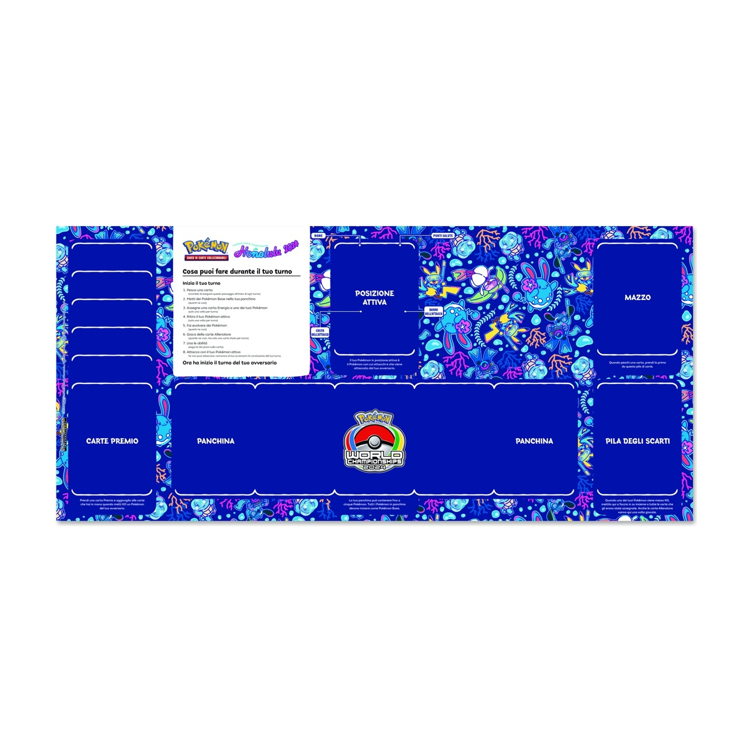 Un tappetino da gioco Pokémon blu con spazi per carte e istruzioni di gioco.