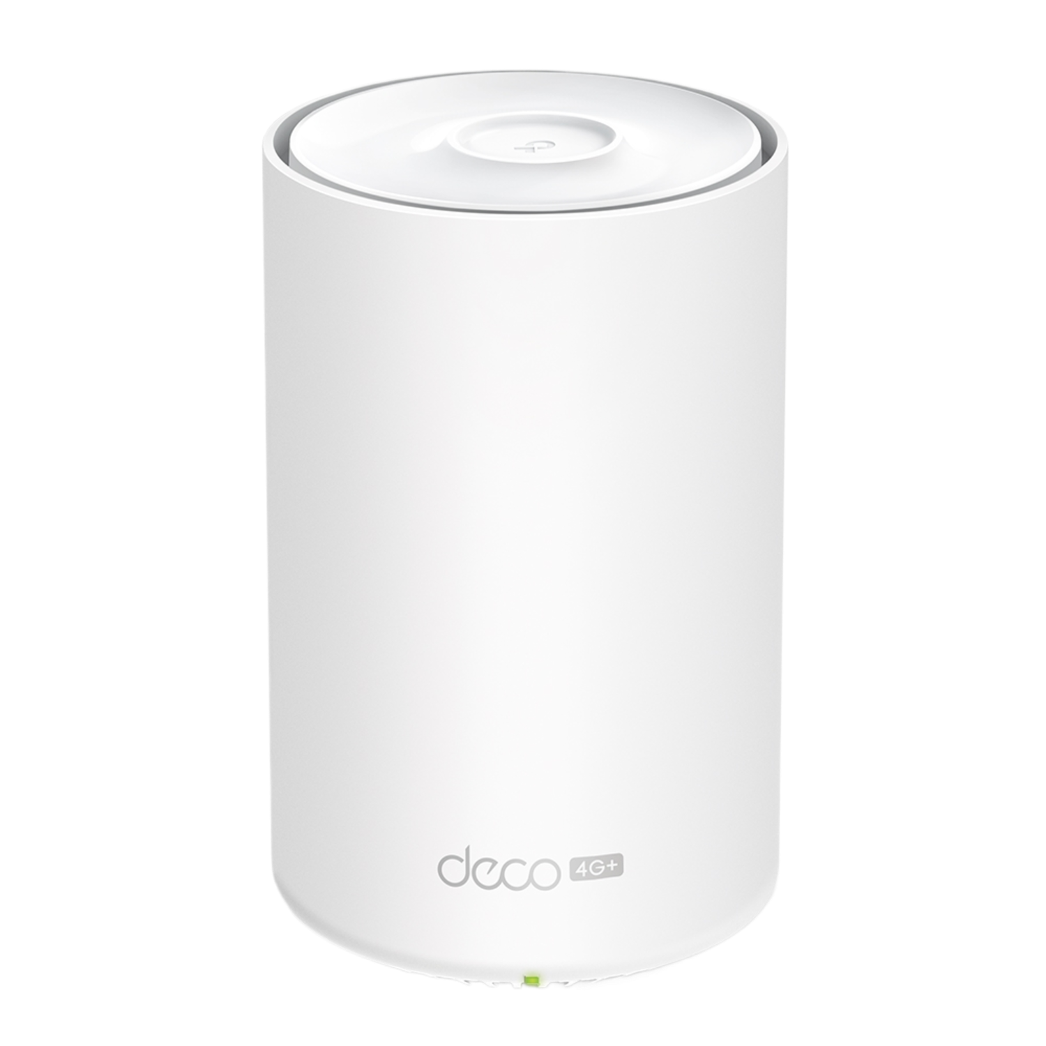 Witte cilindrische TP-Link Deco 4G+ router. Deco en 4G+ staan vooraan.