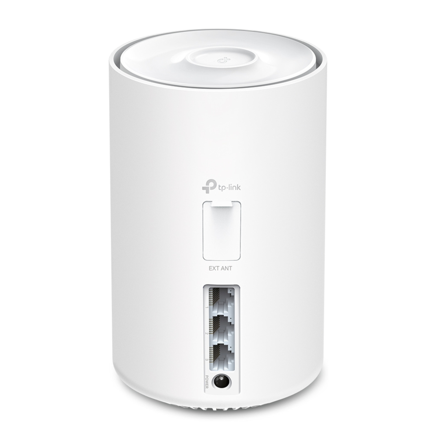 A white TP-Link Wi-Fi extender with ports and a power input at the bottom.