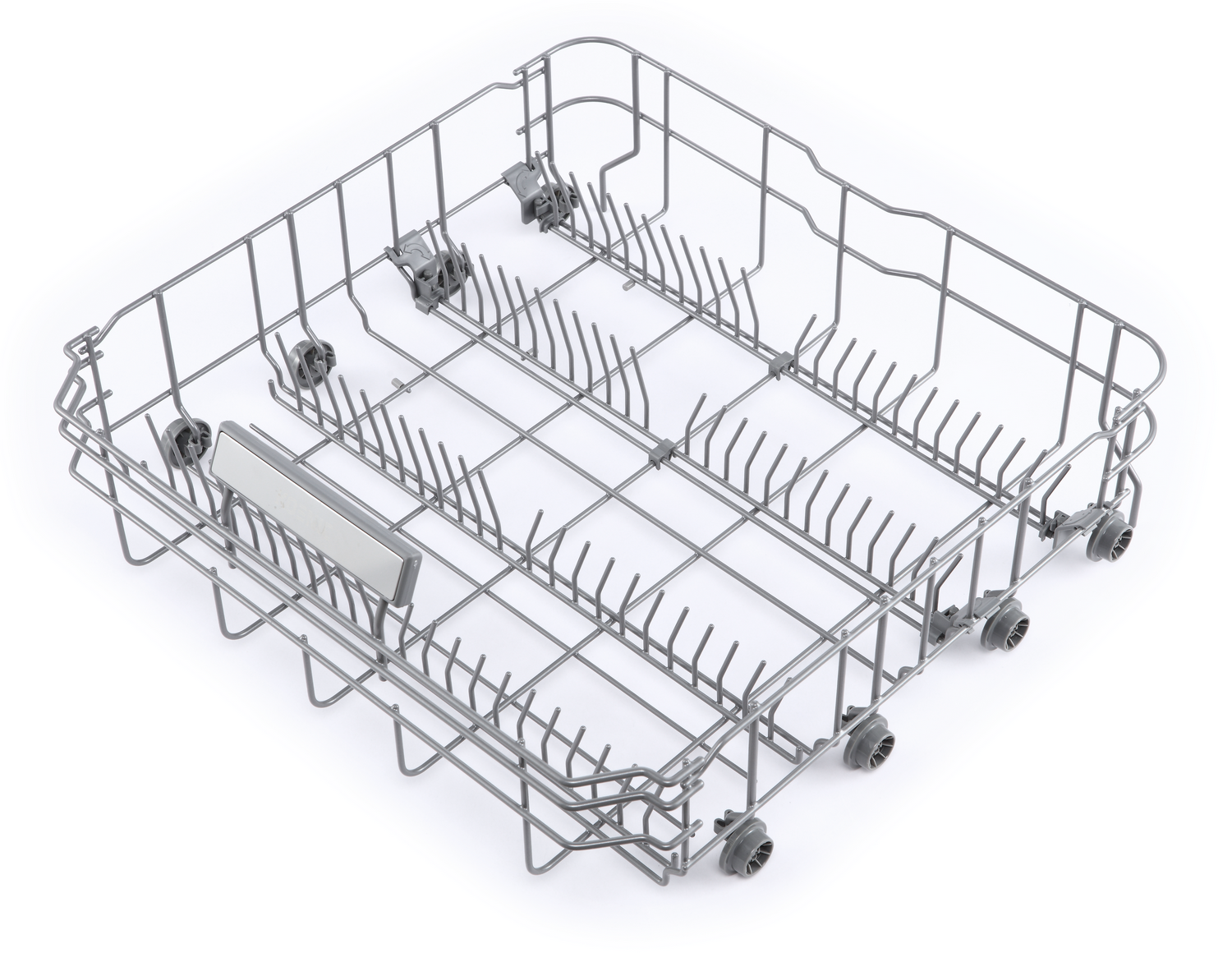 Una cesta de lavavajillas plateada sobre un fondo blanco. Diseño de estructura metálica con compartimentos.