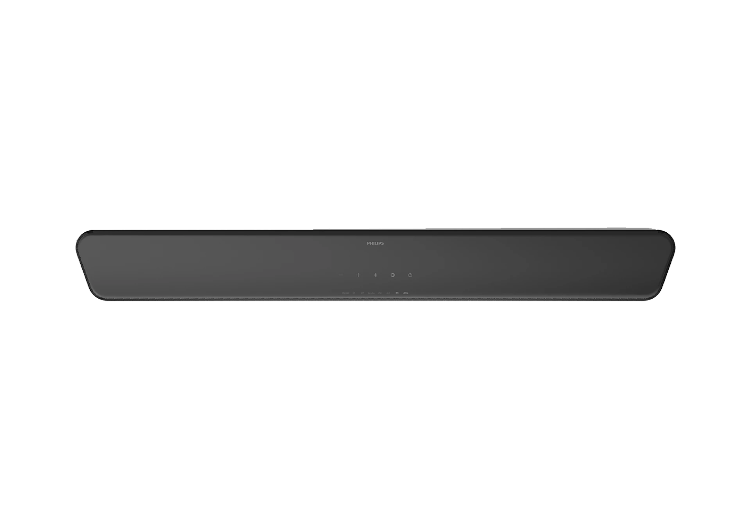 Una elegante barra de sonido Philips negra, vista desde arriba, sobre un fondo negro. Diseño minimalista.