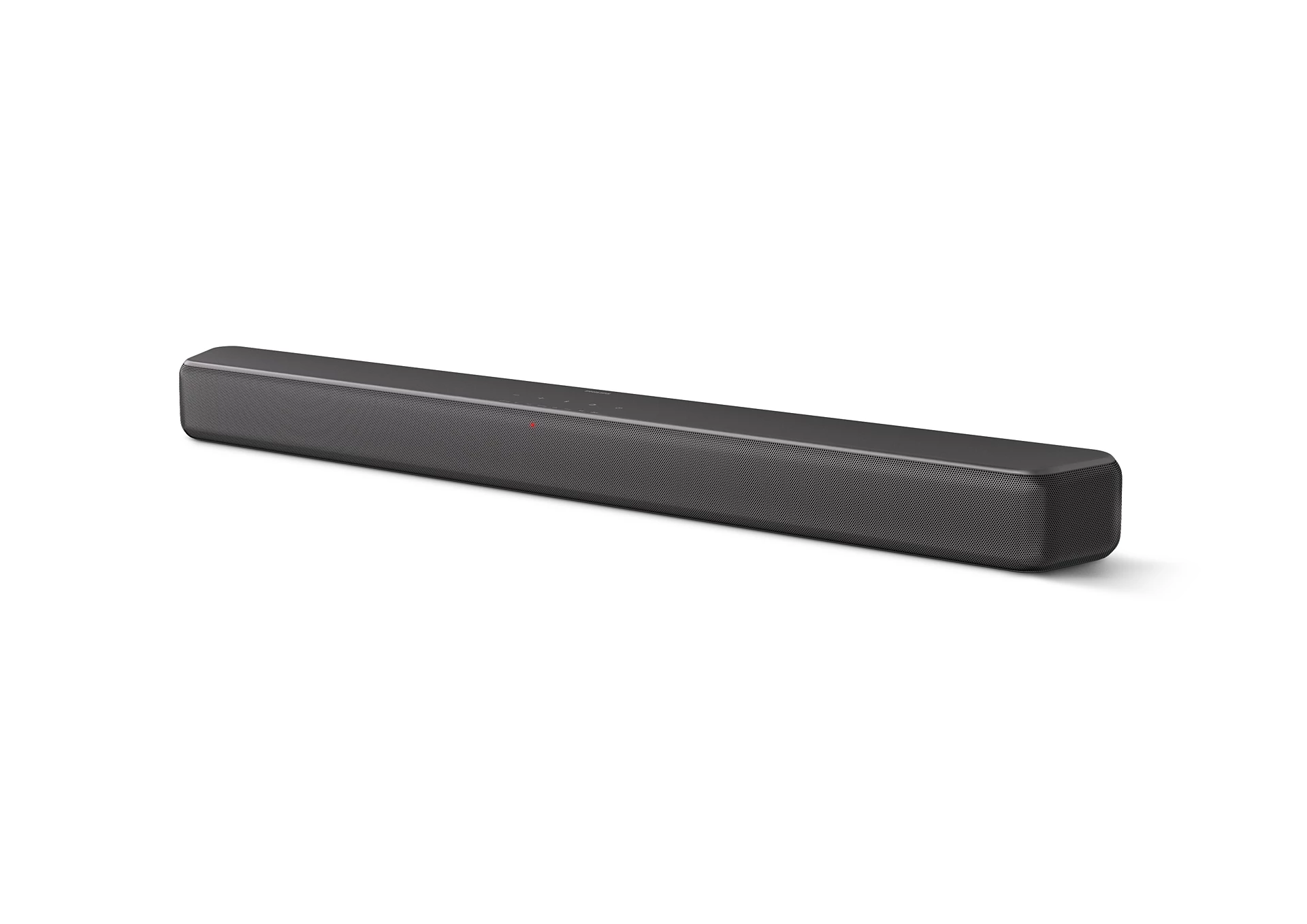 Una barra de sonido larga y gris sobre un fondo blanco.