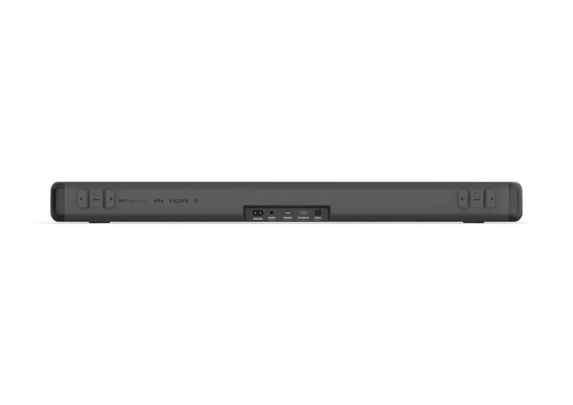 Parte trasera de barra de sonido negra. Dolby Atmos, DTS, HDMI y puertos visibles.