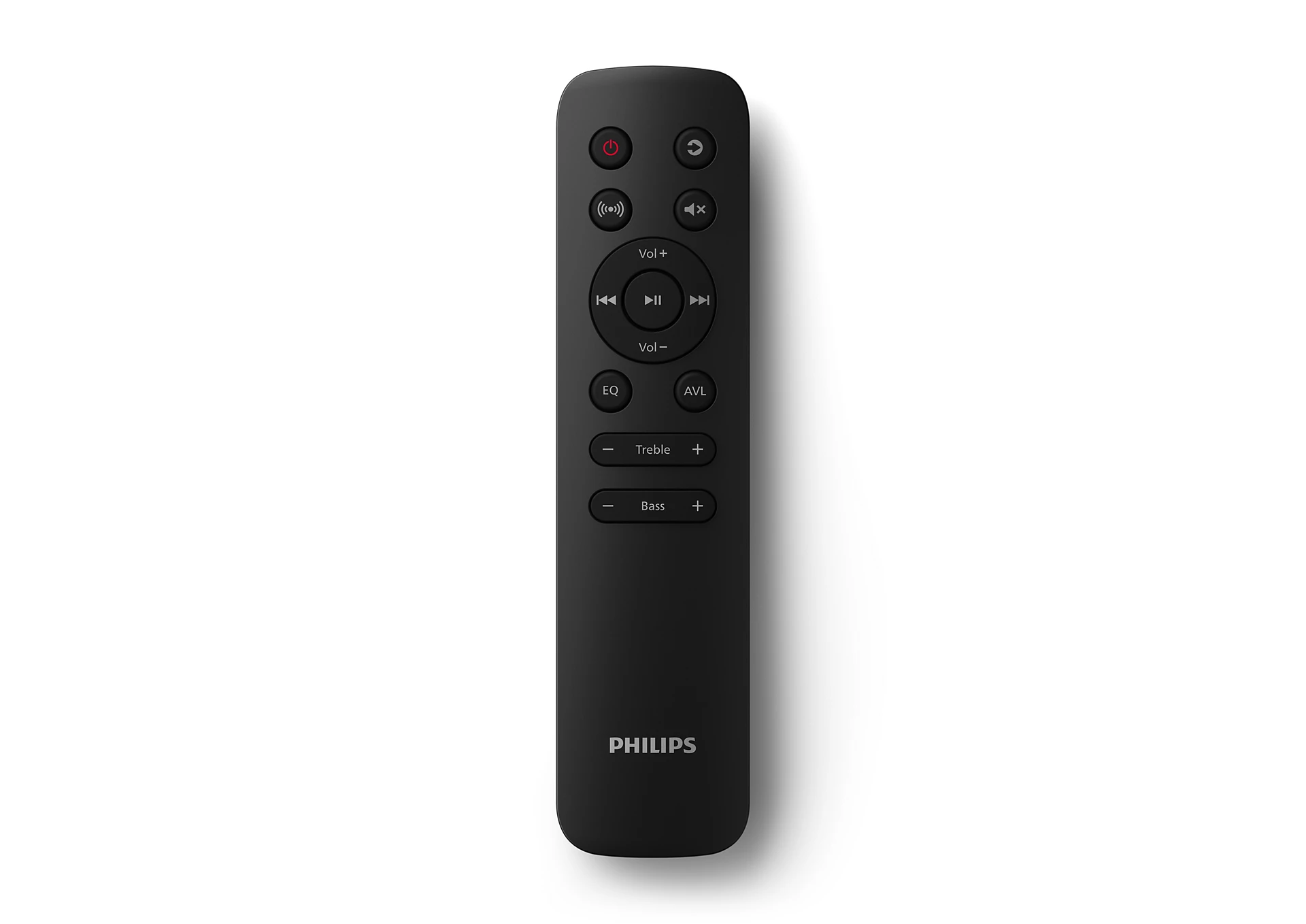 Un mando a distancia Philips negro con botones para encendido, volumen y varias configuraciones de audio.