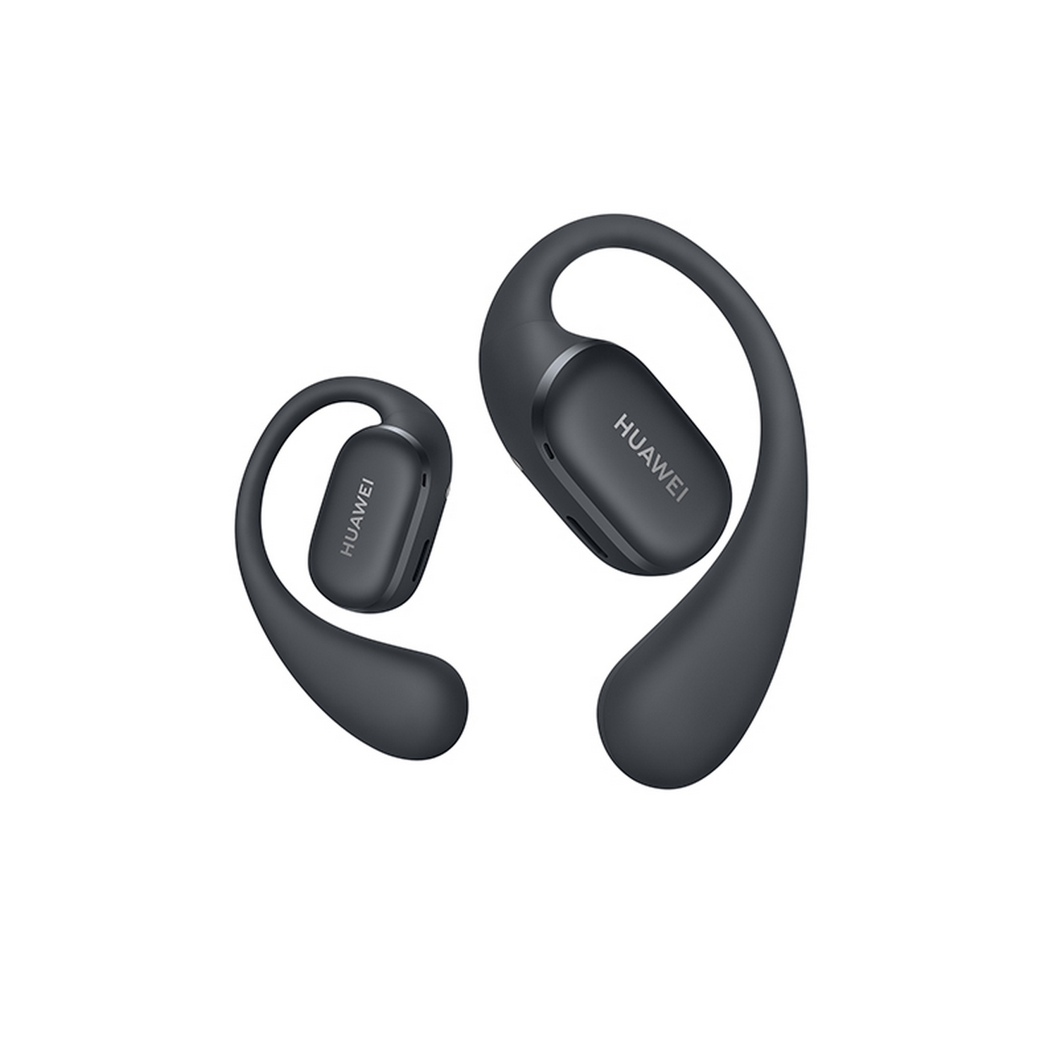 Dos auriculares inalámbricos grises oscuros con ganchos para la oreja, ligeramente angulados, sobre fondo blanco.