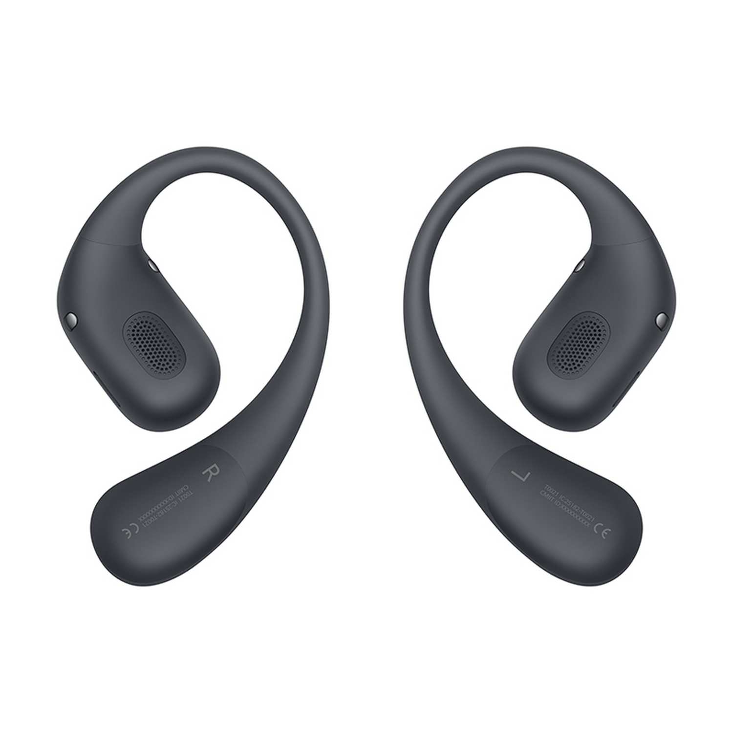 Dos auriculares inalámbricos grises con diseño curvo, para sujetar a la oreja.