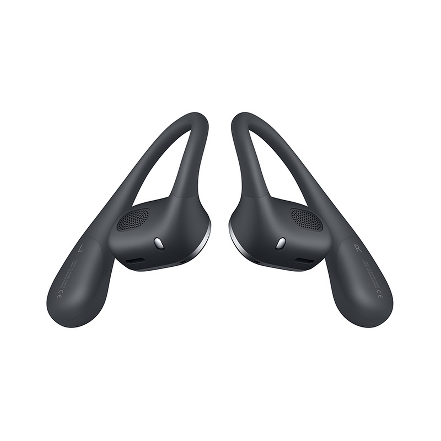 Dos auriculares inalámbricos grises con un diseño curvo.