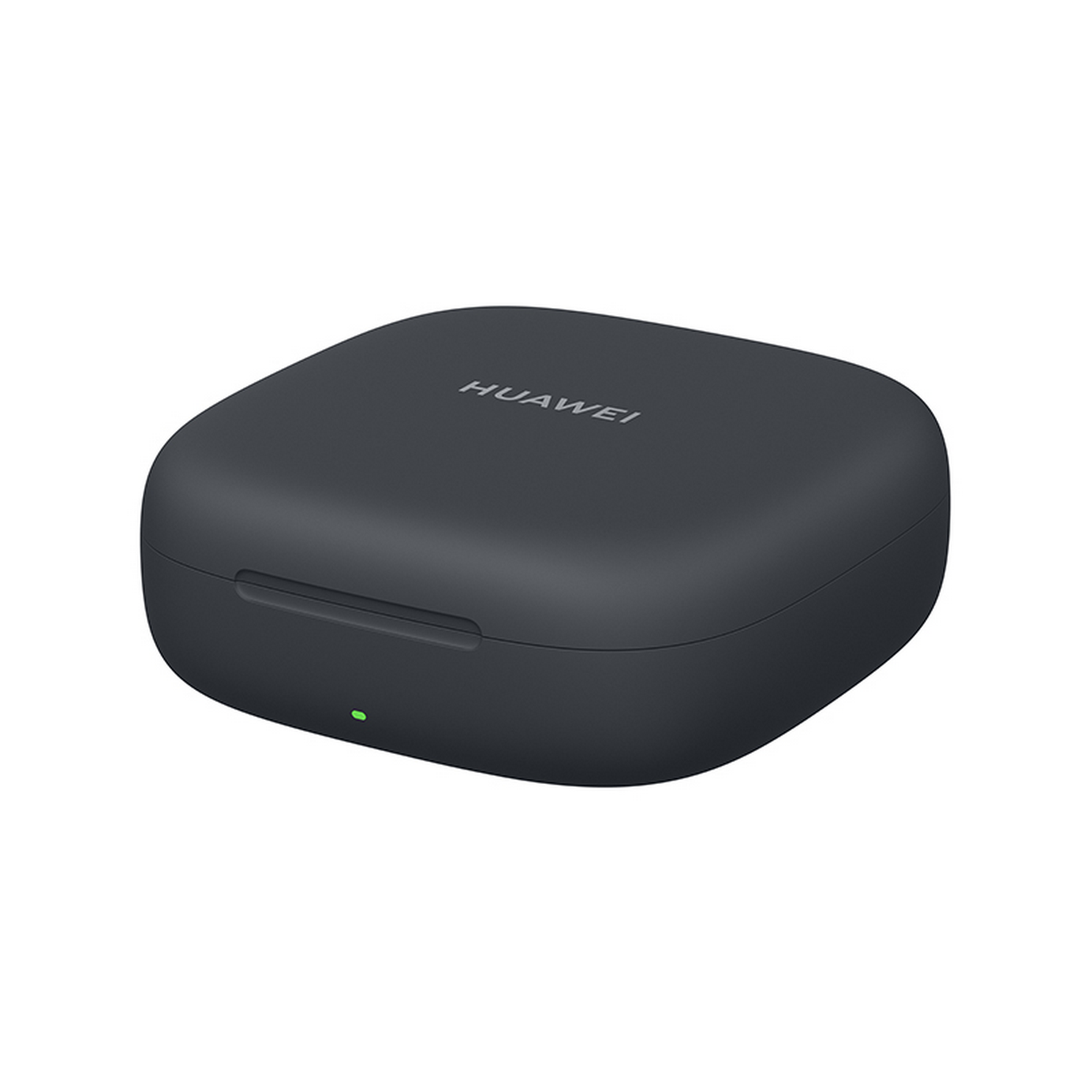 Un estuche de carga de auriculares Huawei gris oscuro con una luz verde, sobre un fondo blanco.
