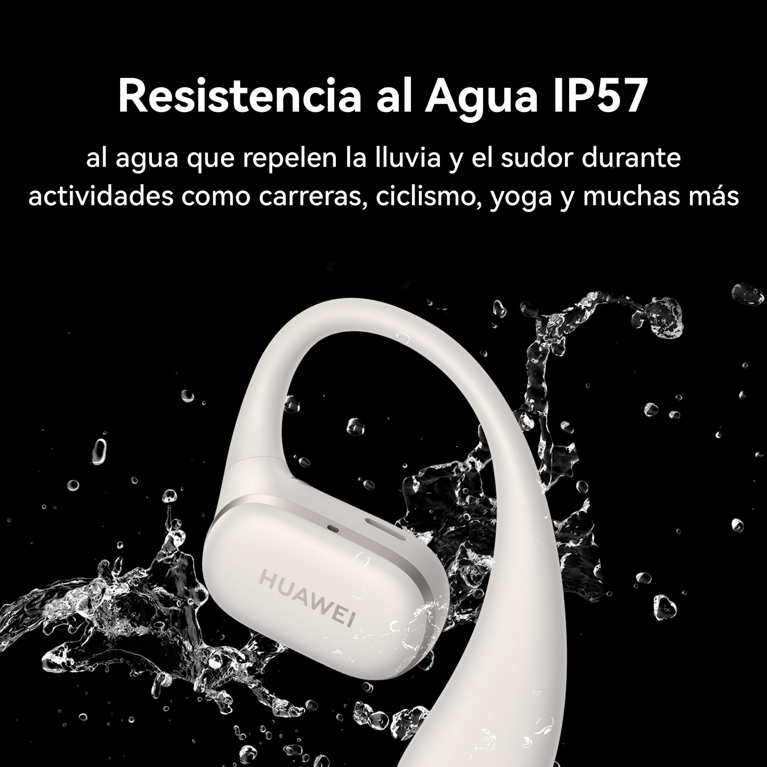 Auriculares deportivos blancos con salpicaduras de agua. Texto: Resistencia al agua IP57.