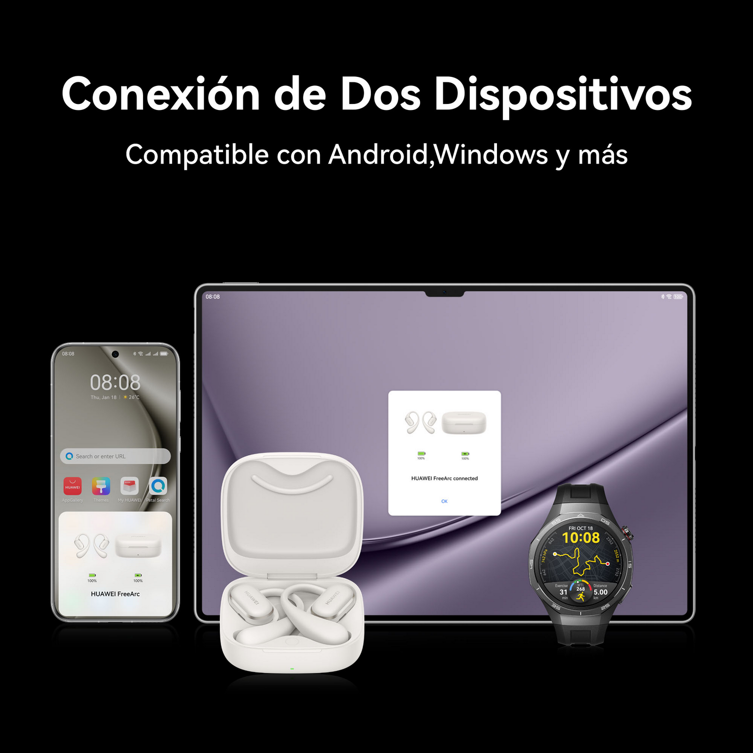 Smartphone, auriculares y reloj inteligente sobre fondo oscuro. Texto: Connexion de Deux Dispositifs.