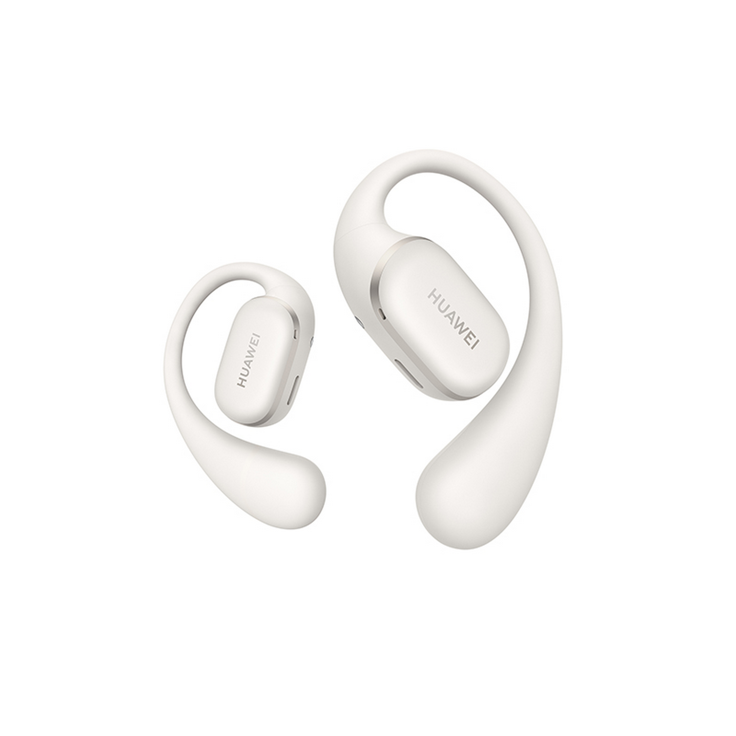 Auriculares Huawei blancos con diseño de gancho.