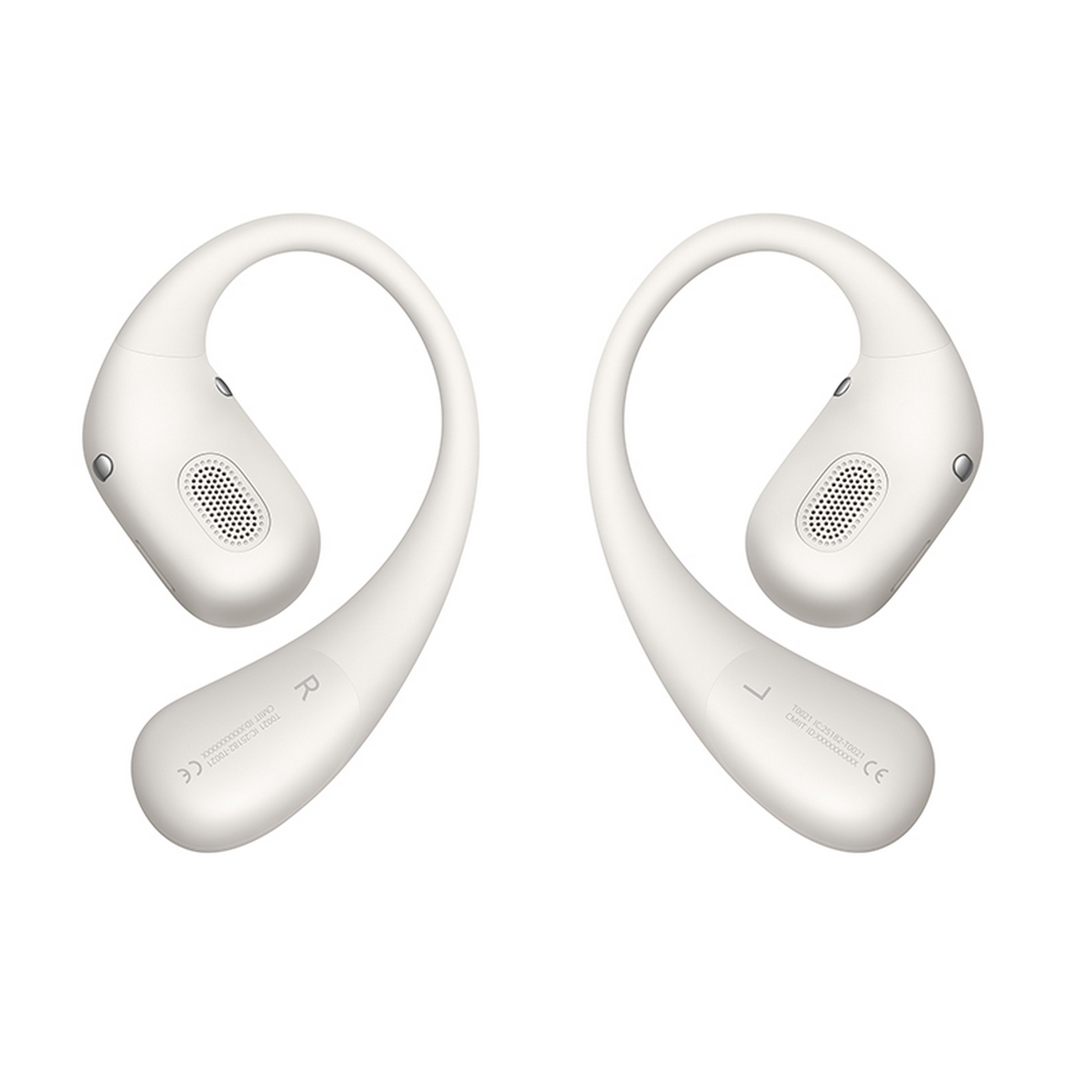 Auriculares inalámbricos blancos y curvos.