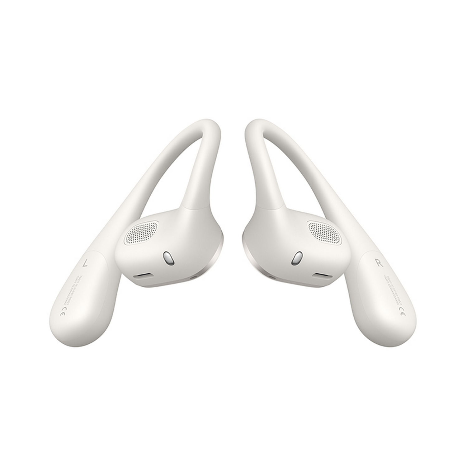 Un par de auriculares blancos, inalámbricos y de oído abierto. Cada uno tiene un diseño de gancho.