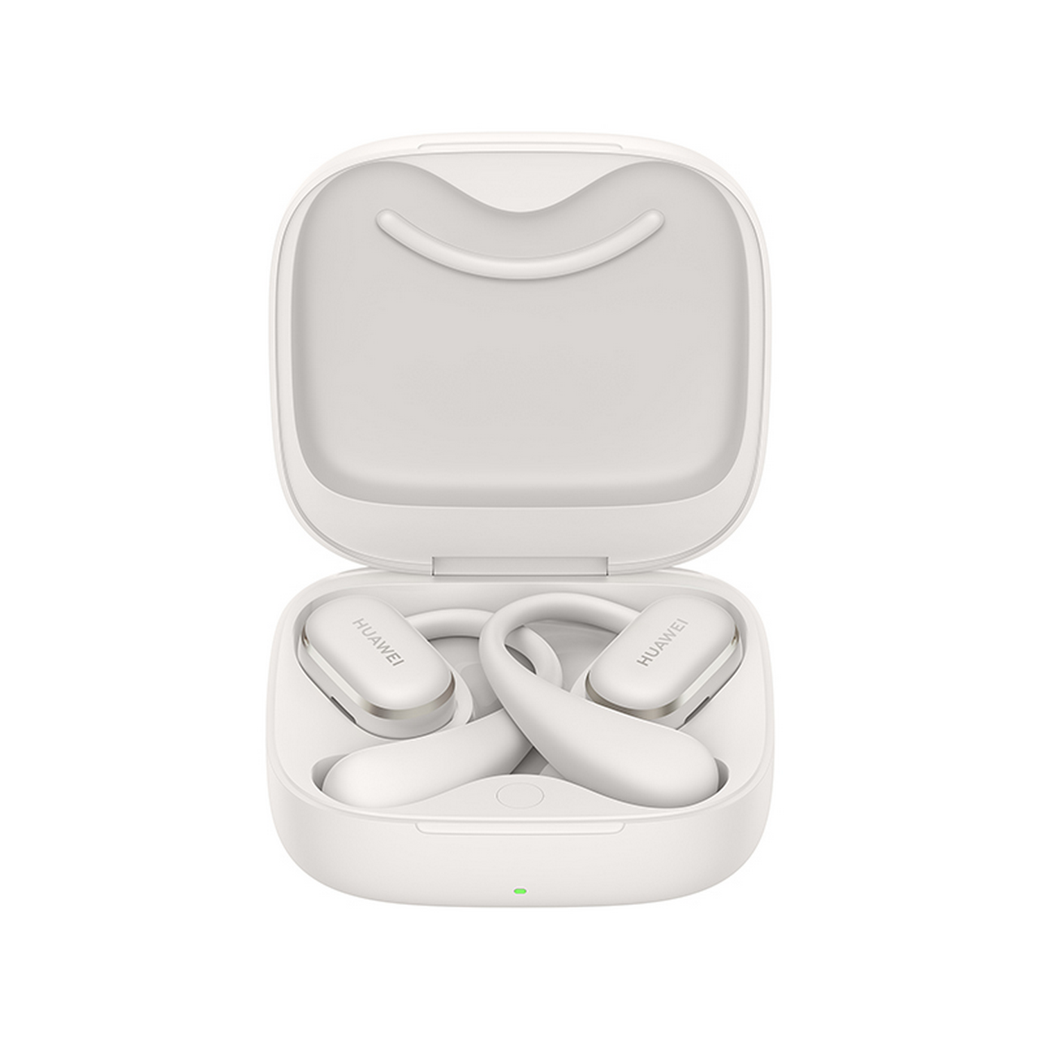 Auriculares Huawei blancos en un estuche de carga abierto, vista superior.