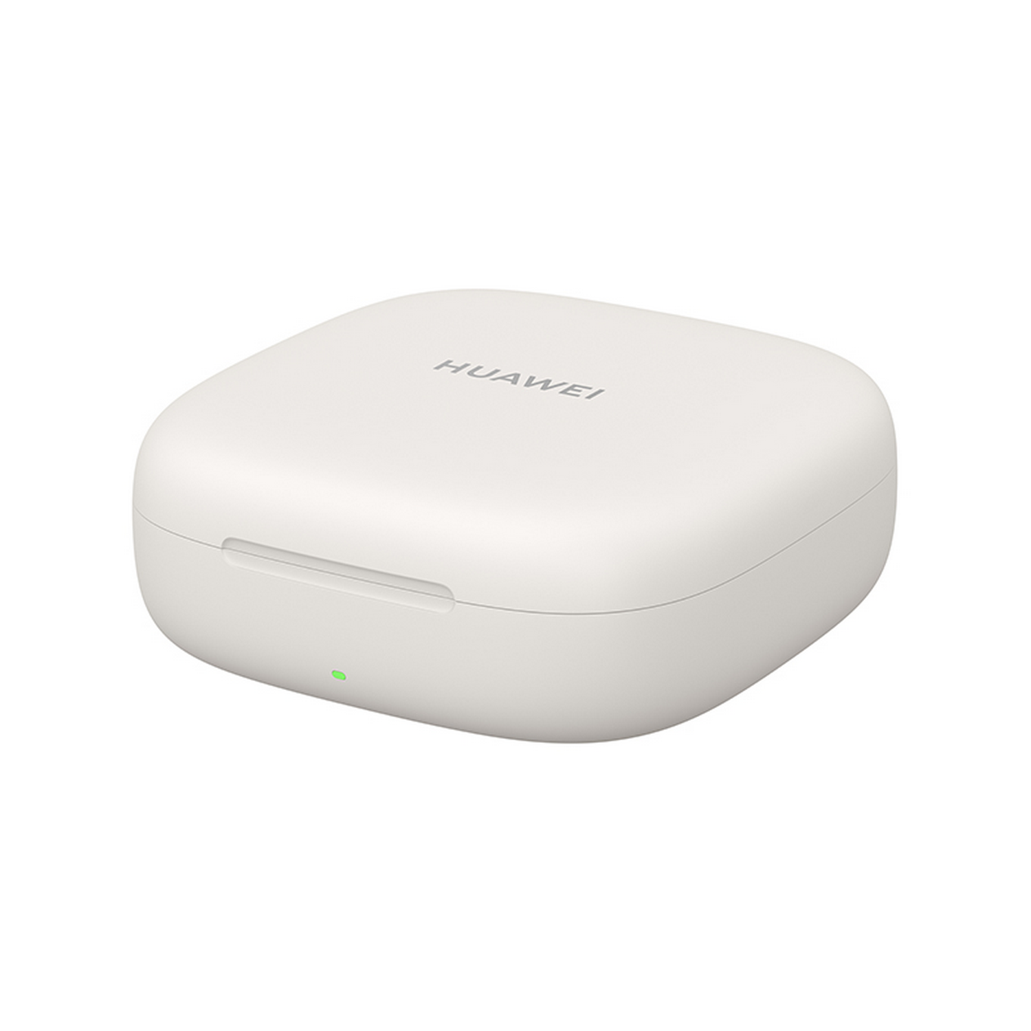 Una funda de carga blanca y cuadrada para auriculares con la palabra 'HUAWEI' arriba.