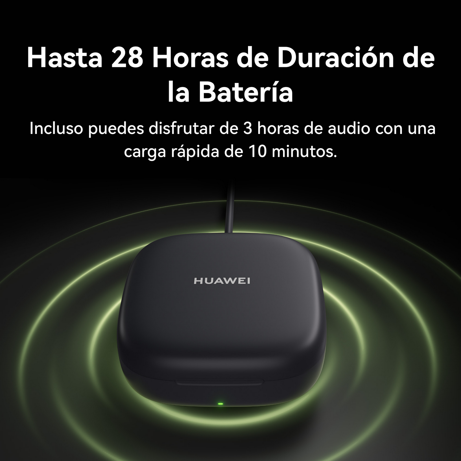 Estuche de carga negro con el logo de Huawei. El texto dice 28 horas de duración de la batería.