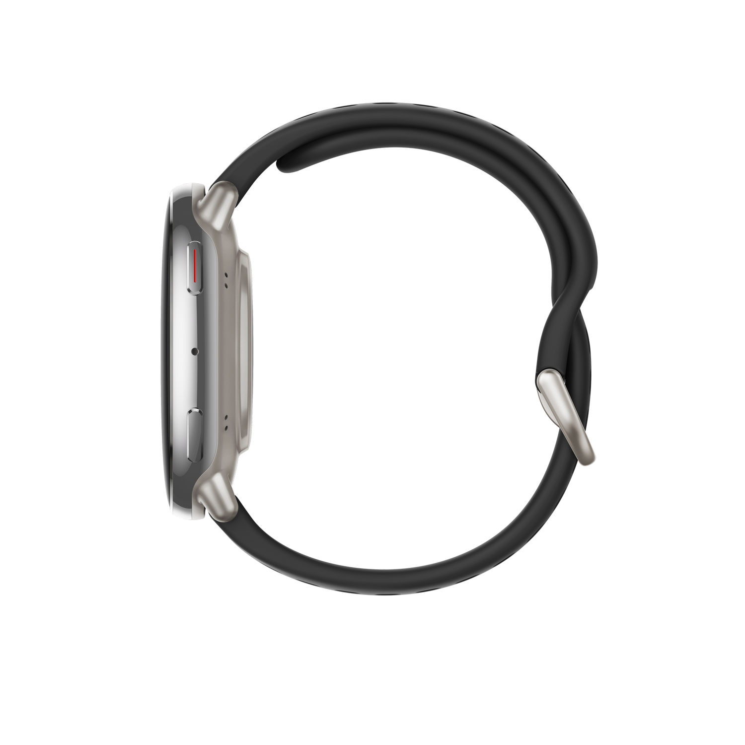 Vista lateral de un smartwatch plateado y negro con correa negra. Está sobre un fondo negro.