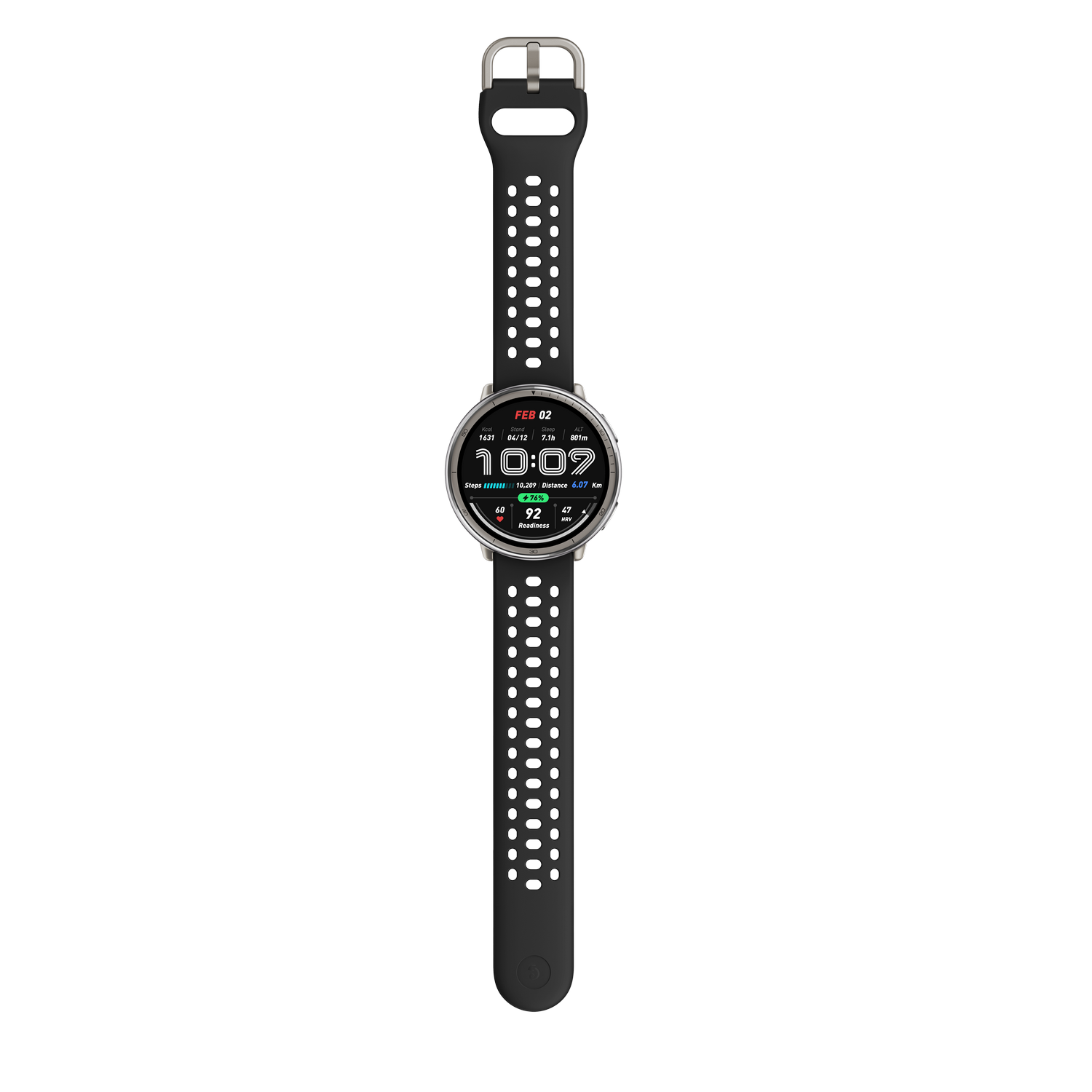 Un reloj deportivo plateado y negro con una correa negra. La pantalla muestra la hora y datos.