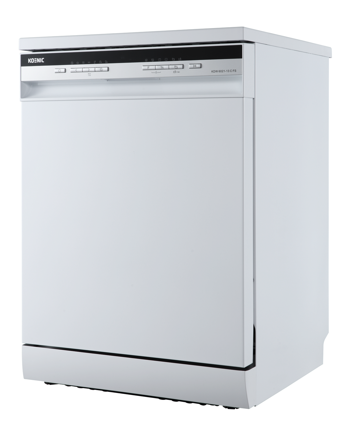 Lavavajillas Koenic blanco. Es de carga frontal con panel de control superior.