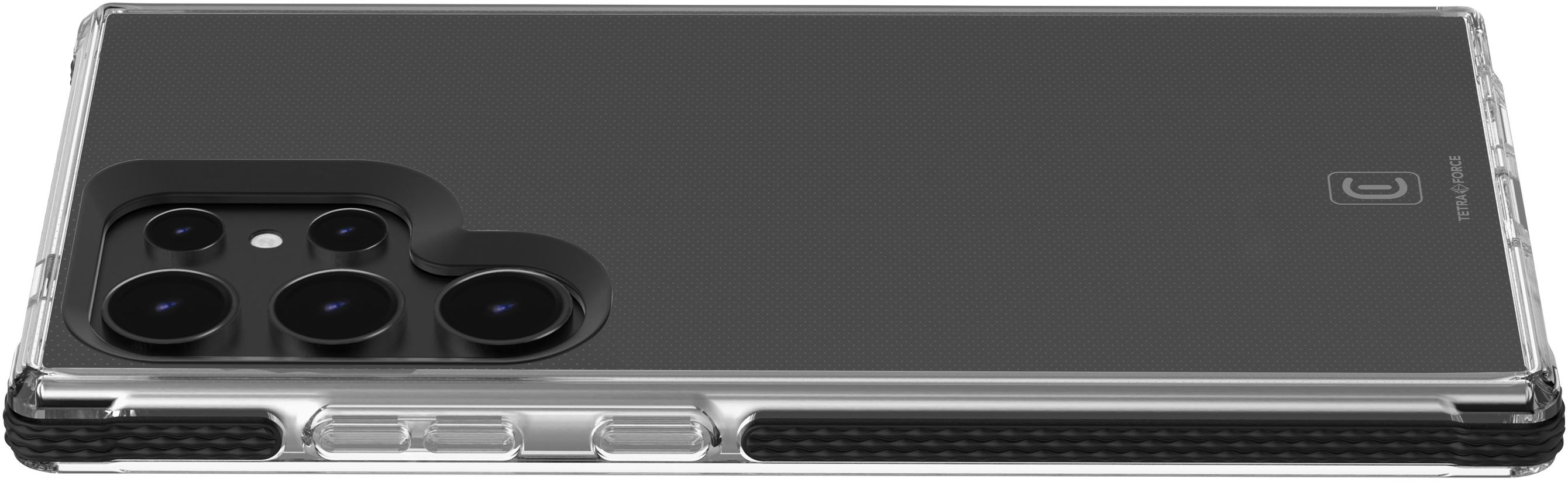 Une coque de téléphone avec un dos transparent et une zone de caméra noire.