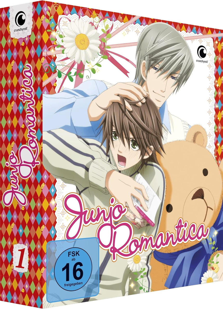 DVD-Cover des Animes 'Junjo Romantica'. Zeigt zwei männliche Charaktere und einen Teddybären.