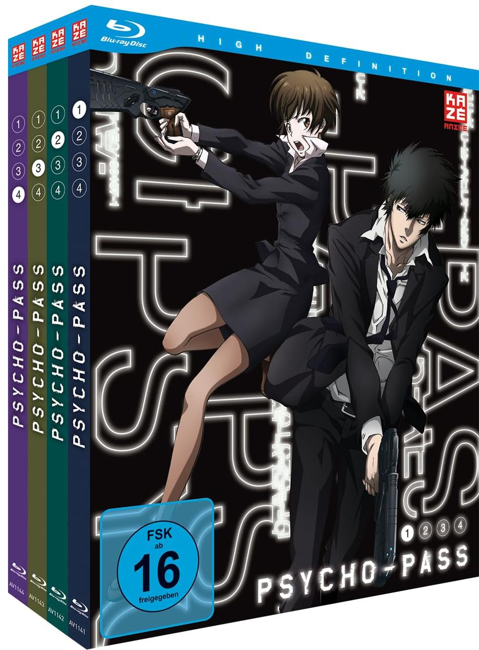 Blu-ray-Box-Set des Animes 'Psycho-Pass' mit Charakteren und Text.