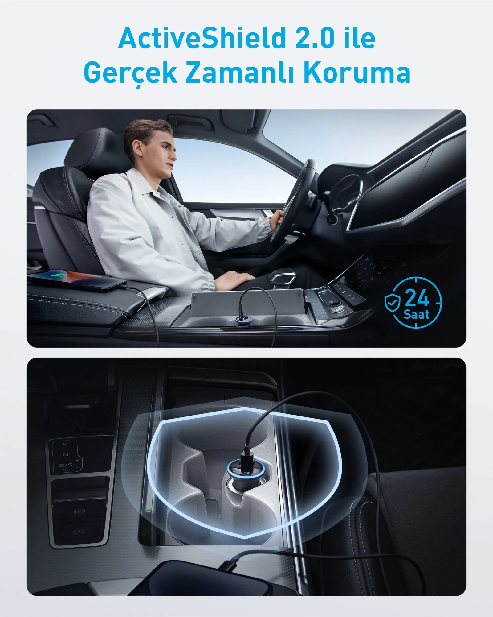 Arabadaki adam, telefon şarj cihazı kullanıyor. Katman, 24 saat koruma olduğunu gösteriyor.