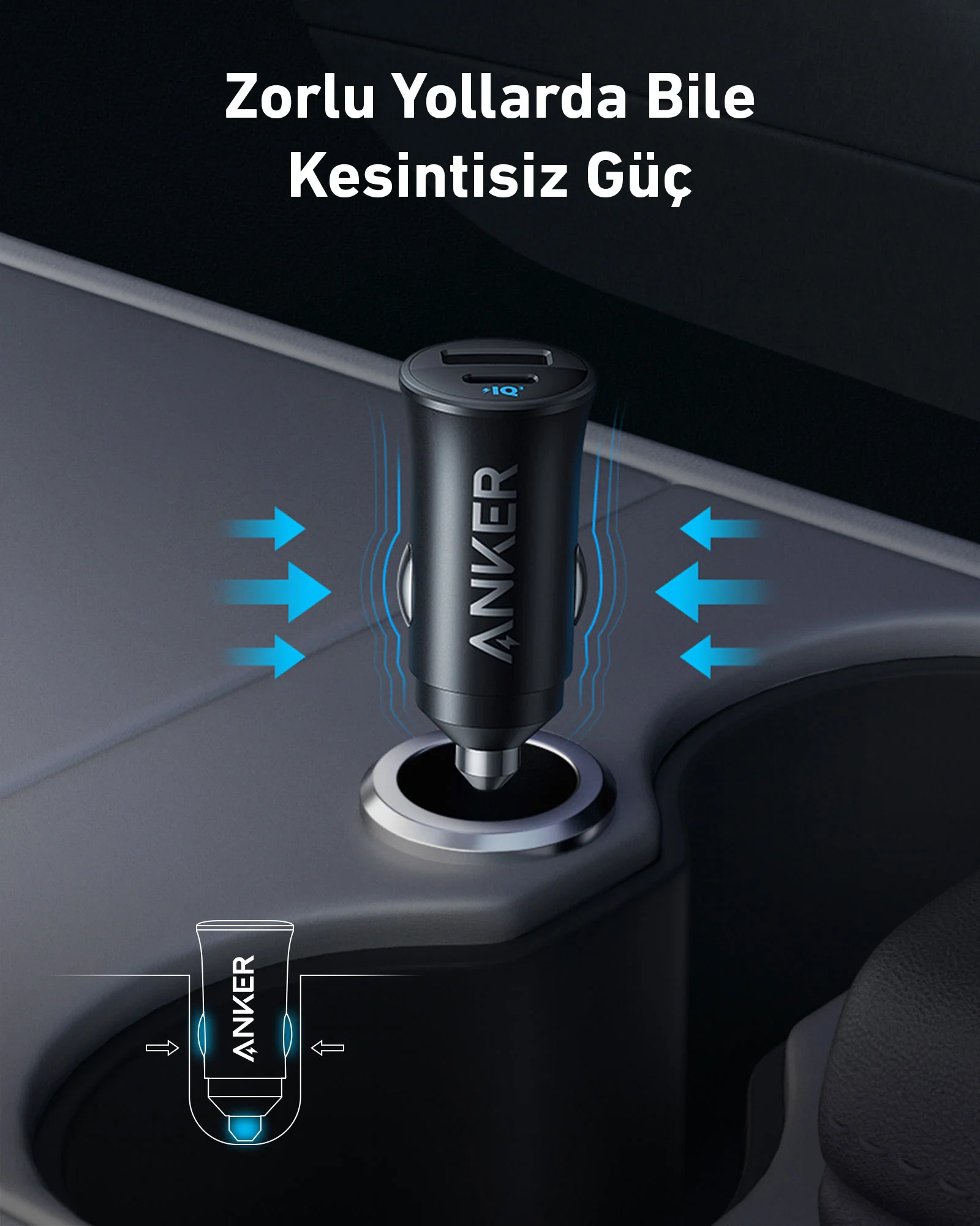 Siyah bir Anker araç şarj cihazı bir arabaya takılı. Mavi oklar, koyu arka plan.