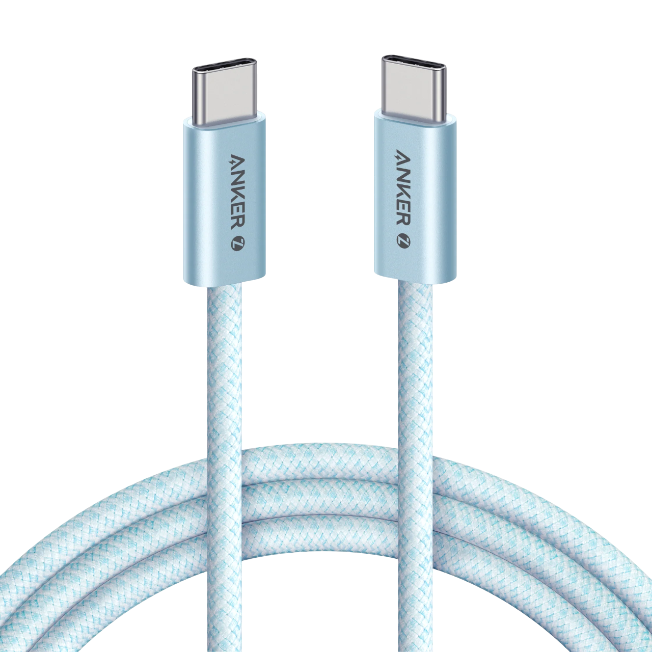 İki Anker USB-C kablosu, siyah arka plan üzerinde beyaz örgülü tasarımlı, açık mavi.