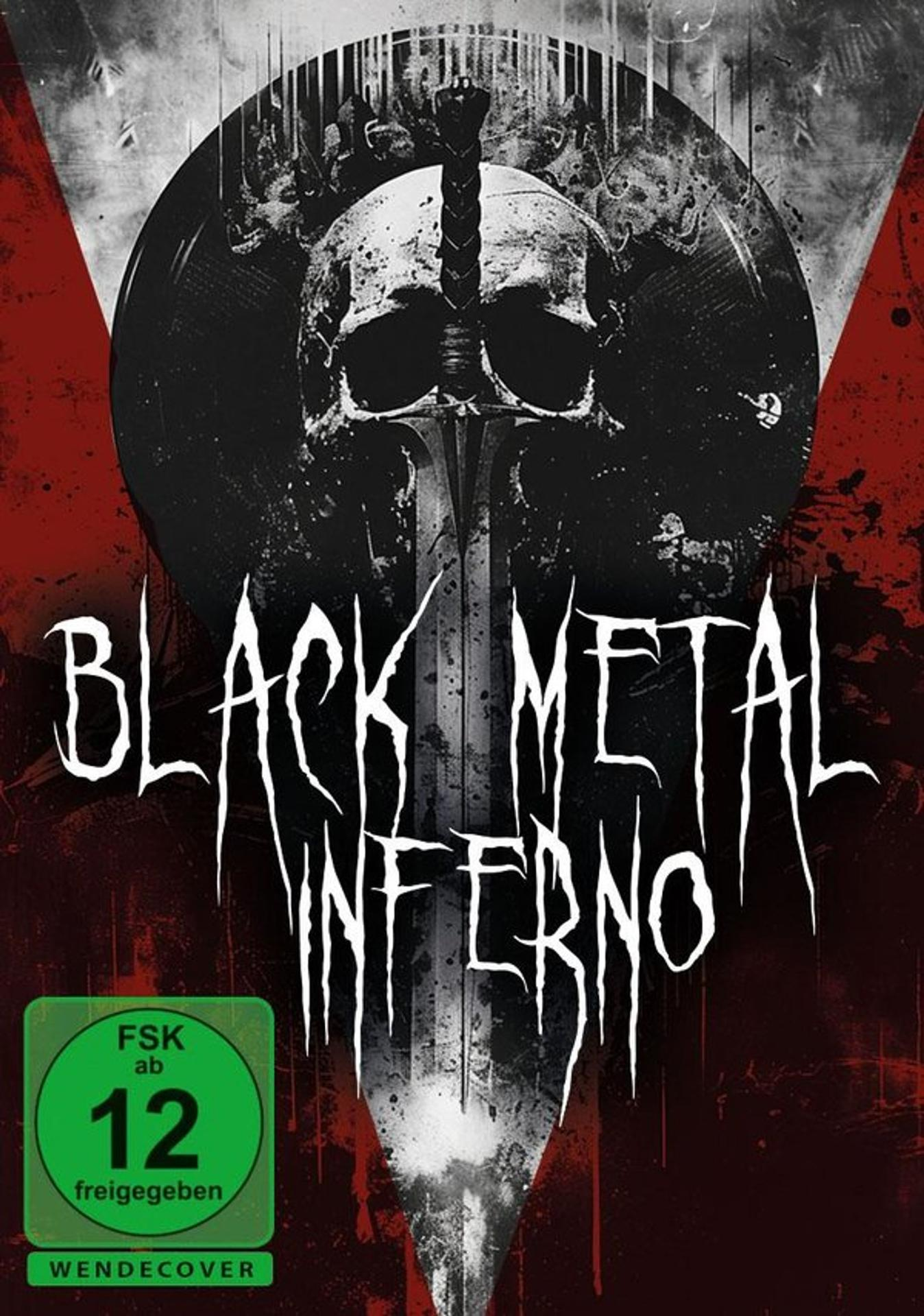 Black Metal Inferno DVD-Cover. Ein Schädel und ein Schwert mit rotem Hintergrund. Das FSK-Rating ist sichtbar.