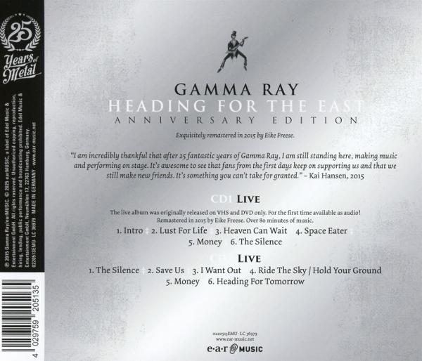 Die Rückseite einer Gamma Ray CD mit Titellisten und Text über das Album.