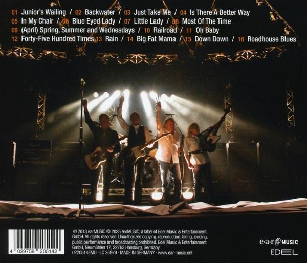 Rückseite einer Musik-CD, mit einer Band auf der Bühne und Songtiteln.