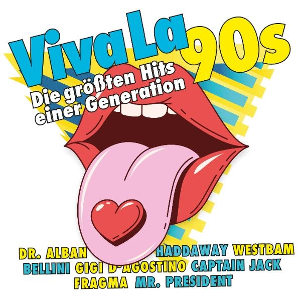 Albumcover mit Zunge und Herz. Text: Viva La 90s. Verschiedene Künstler. Blauer Hintergrund.