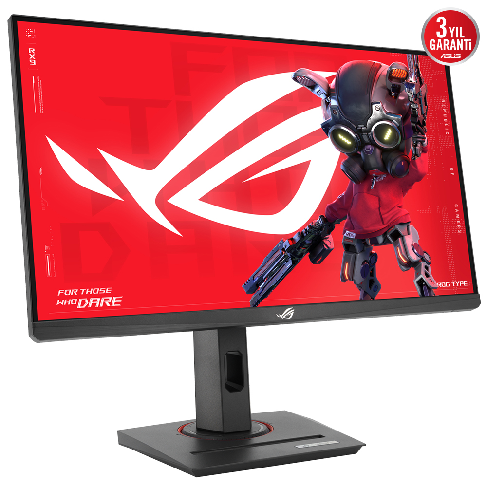 Kırmızı bir arka plana ve silah tutan bir çizgi film figürüne sahip büyük bir ASUS monitör.
