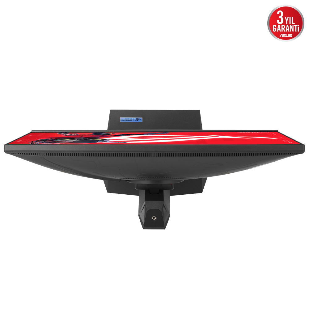 Yukarıdan bir bilgisayar monitörü, siyah, kırmızı üst kısım ve ASUS 3 yıl garanti logosu.